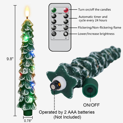 Green Christmas Tree Flameless Taper Candles Battery Operated Remote Timer