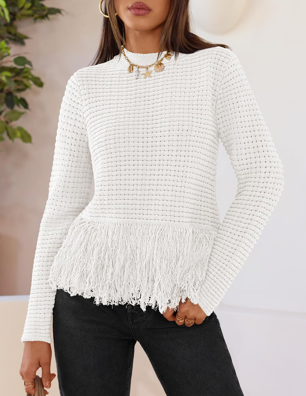 MEROKEETY Women's Fall Fashion Crochet Fringe Sweater Tops Boho Pullover