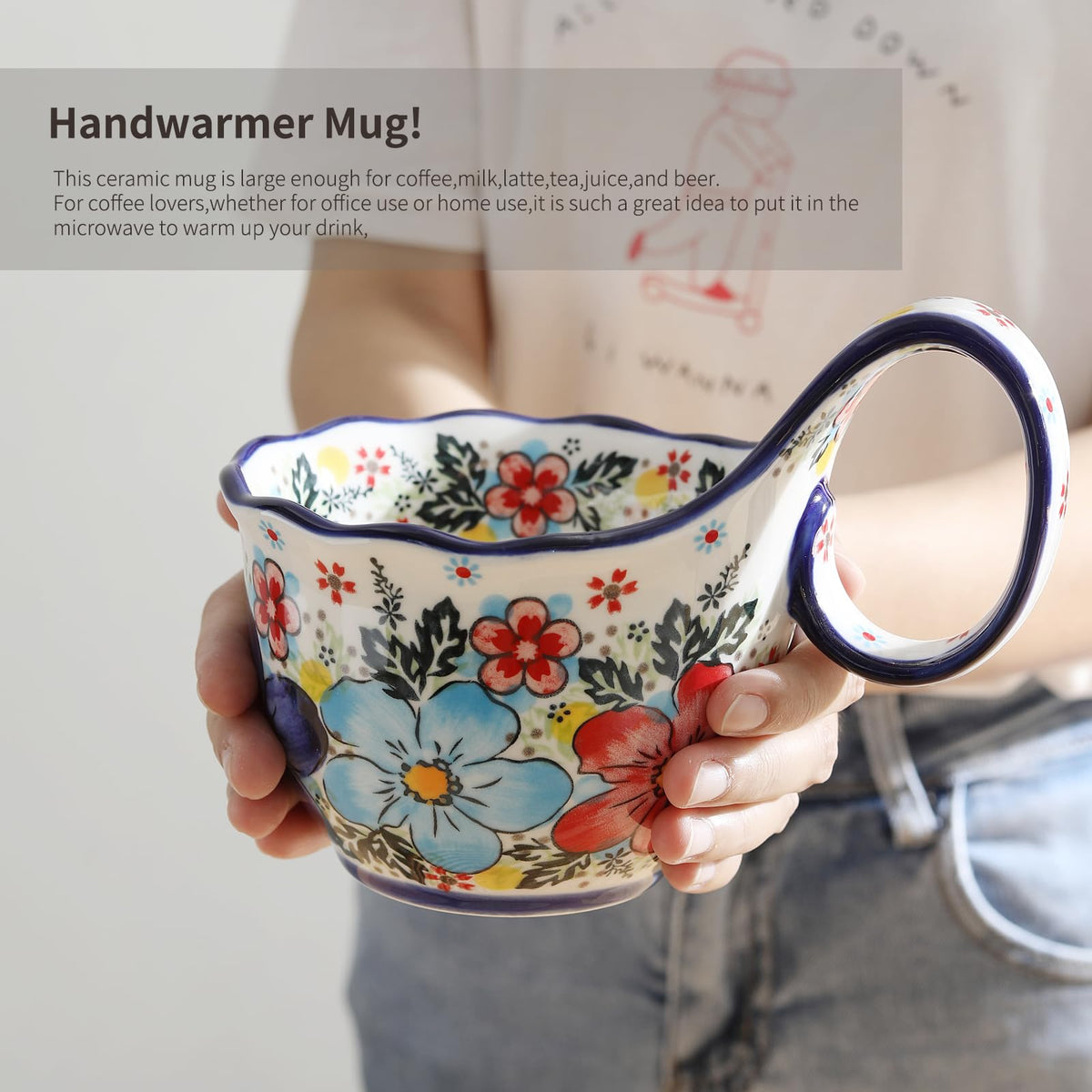 Alma Handpainted Microwavable Soup Bowl with Loop Handle 18.6Oz, Cereal Bowl with Handle