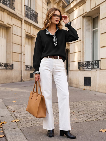 Ruffle Knit Collared Quarter Pullover