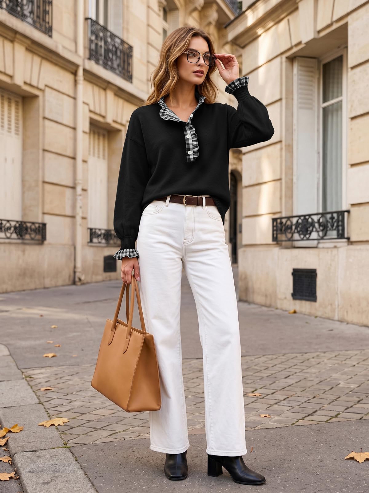 Ruffle Knit Collared Quarter Pullover
