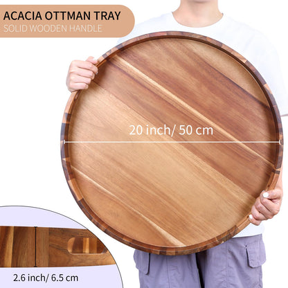 Extra Large 20INCH Premium Acacia Wood Tray Round Ottoman Tray with Handles