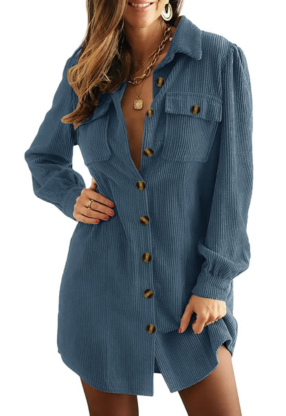 Women's Corduroy Long Sleeve Button Work Tunic Short Dresses