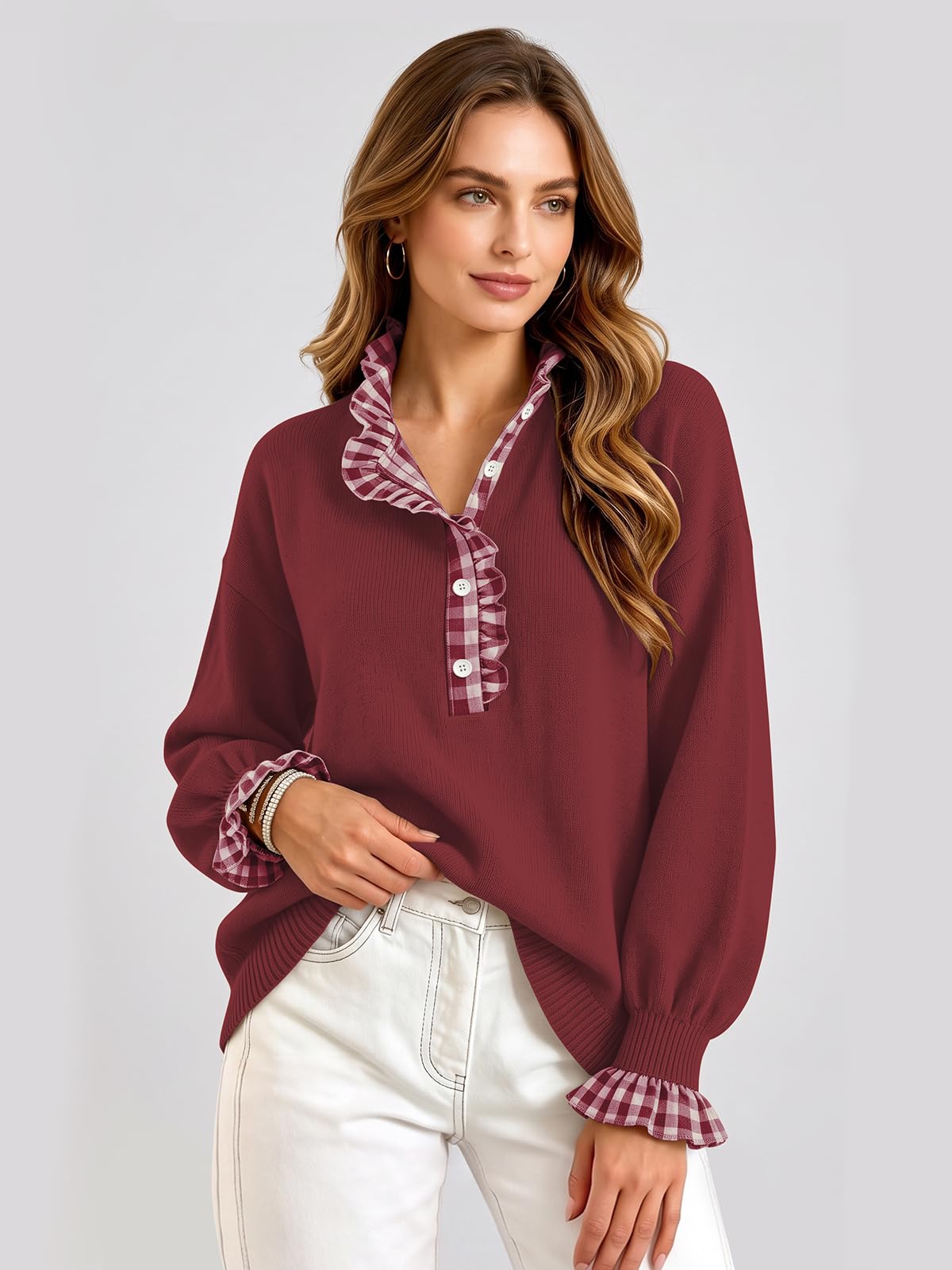 Ruffle Knit Collared Quarter Pullover