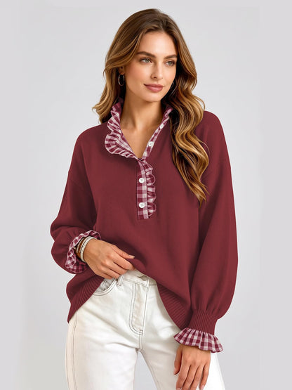 Ruffle Knit Collared Quarter Pullover