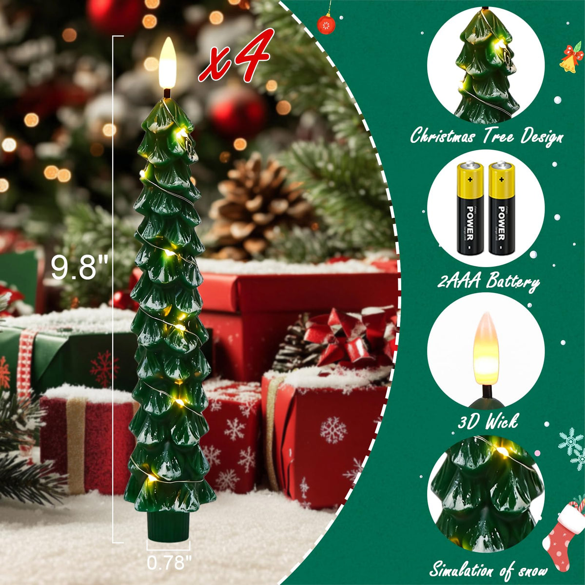 Green Christmas Tree Flameless Taper Candles Battery Operated Remote Timer