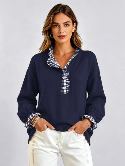 Ruffle Knit Collared Quarter Pullover