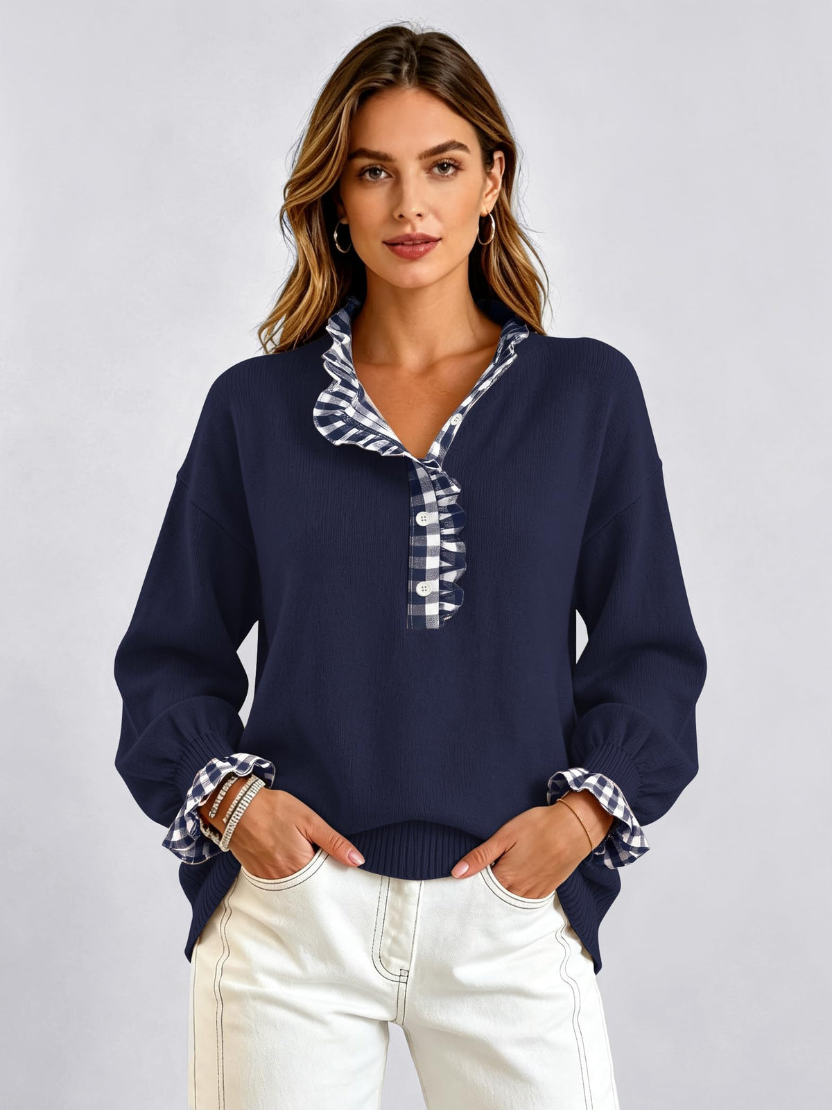 Ruffle Knit Collared Quarter Pullover