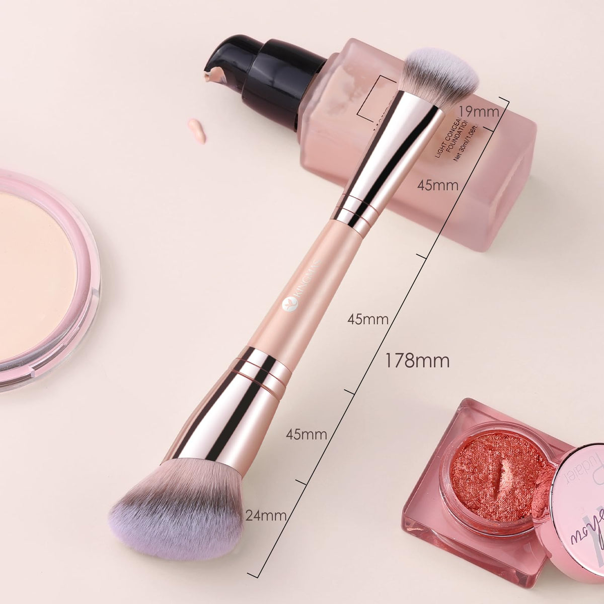 Kingmas Foundation Makeup Brush, Double Ended Bronzer Brush Angled & Round Contour Brushes for Beauty Blending Liquid Powder, Concealer Cream Cosmetics Blush (Brown)