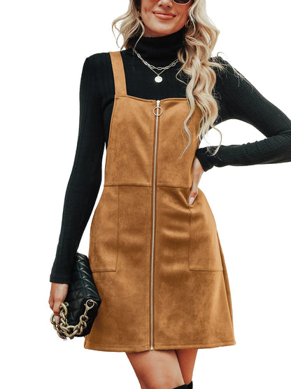 CUPSHE Faux Suede Mini Fall Dresses for Women Square Neck Pull Ring Zipper Front Pockets Wide Straps Casual Autumn Dress