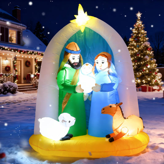 Trmesia 8 Feet Jesus Birth Decoration Indoor Outdoor Inflatable Nativity Scene with LED Lights, Christmas Garden Lawn Decoration, Blow Up Xmas Decor, Holiday Celebrations and Parties