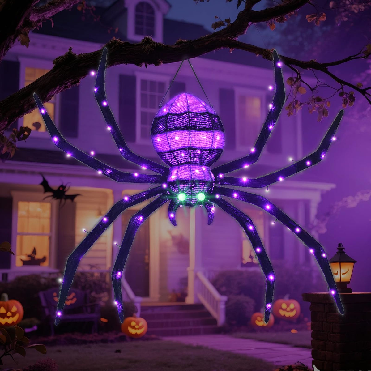 Halloween Decorations Outside Giant Spider - Hoyechi Outdoor Halloween Decor Lighted Spider 4.2Ft, Light Up Spider with 90 LED Lights, Ground Stakes, for Front Yard Porch Gardens Lawns Party