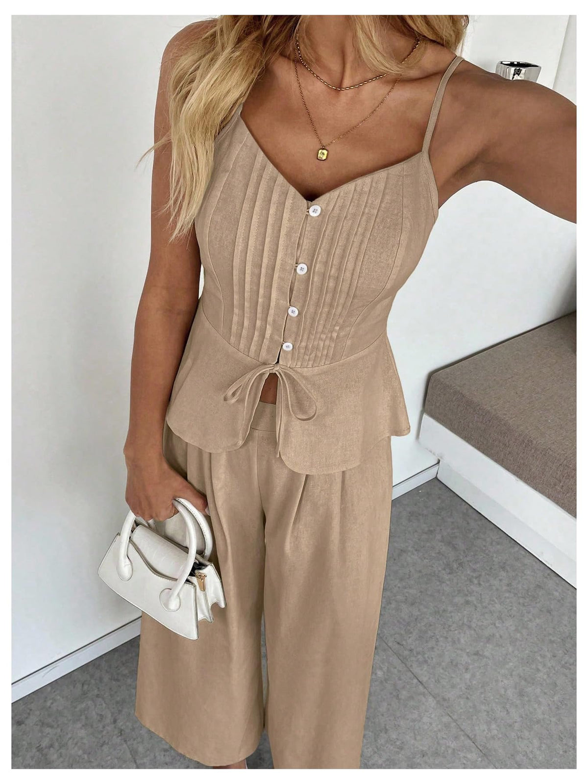 SOLY HUX Women's 2 Piece Outfit Button Down Peplum Cami Wide Leg Pants Set