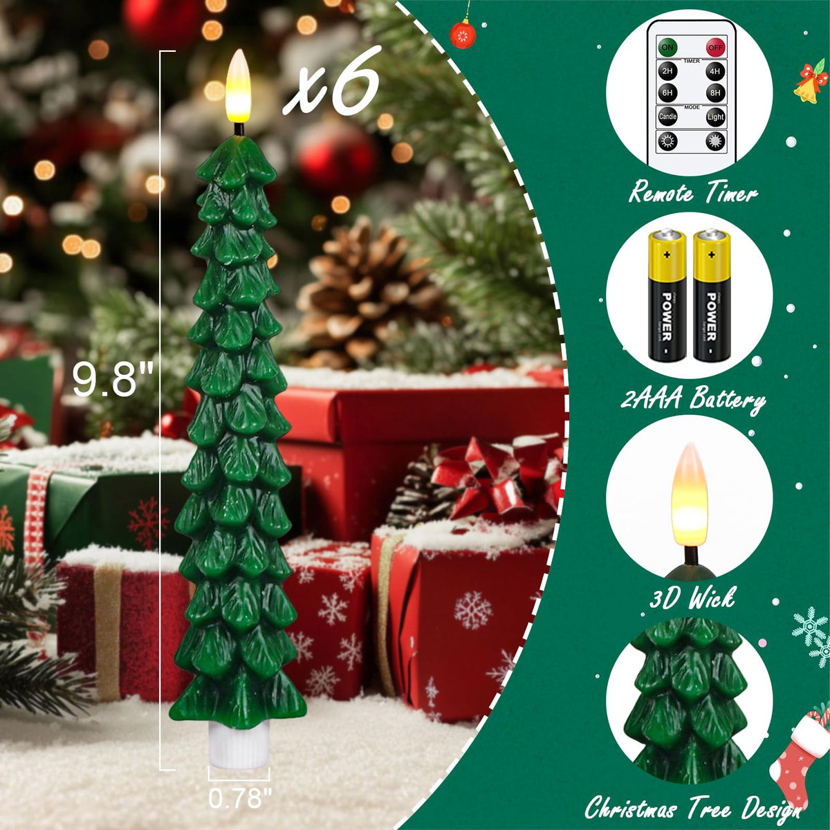Green Christmas Tree Flameless Taper Candles Battery Operated Remote Timer