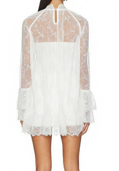 Women See Through Long Sleeve Lace Mini Dress Ruffle Layered Sheer Lace Short Dresses Sexy Going Out Cover Up Dresses