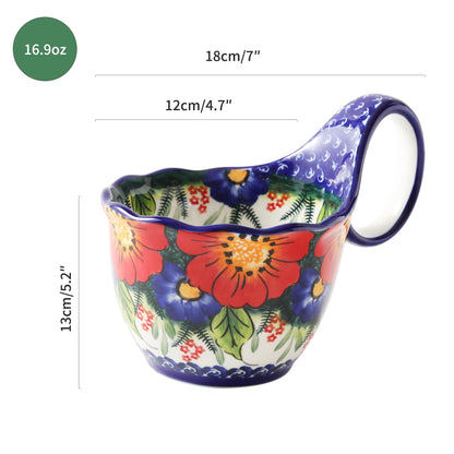 Alma Handpainted Microwavable Soup Bowl with Loop Handle 18.6Oz, Cereal Bowl with Handle
