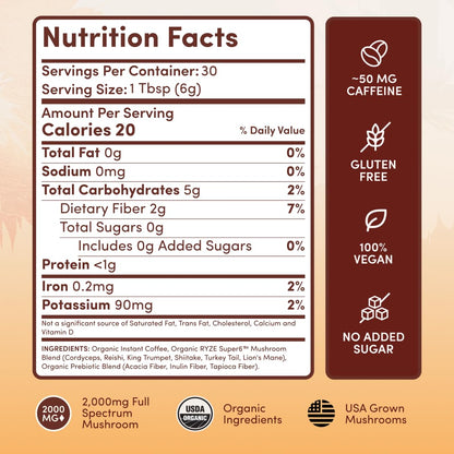 Ryze Superfoods Mushroom Medium Roast Coffee Usda Organic with 6 Adaptogenic Mushrooms