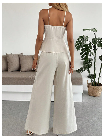 SOLY HUX Women's 2 Piece Outfit Button Down Peplum Cami Wide Leg Pants Set