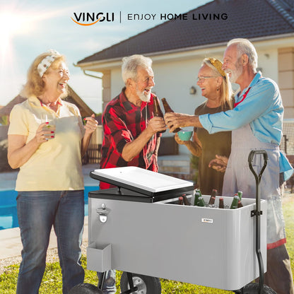 Vingli 80 Quart Wagon Rolling Cooler Ice Chest, W/Long Handle and 10" Wheels