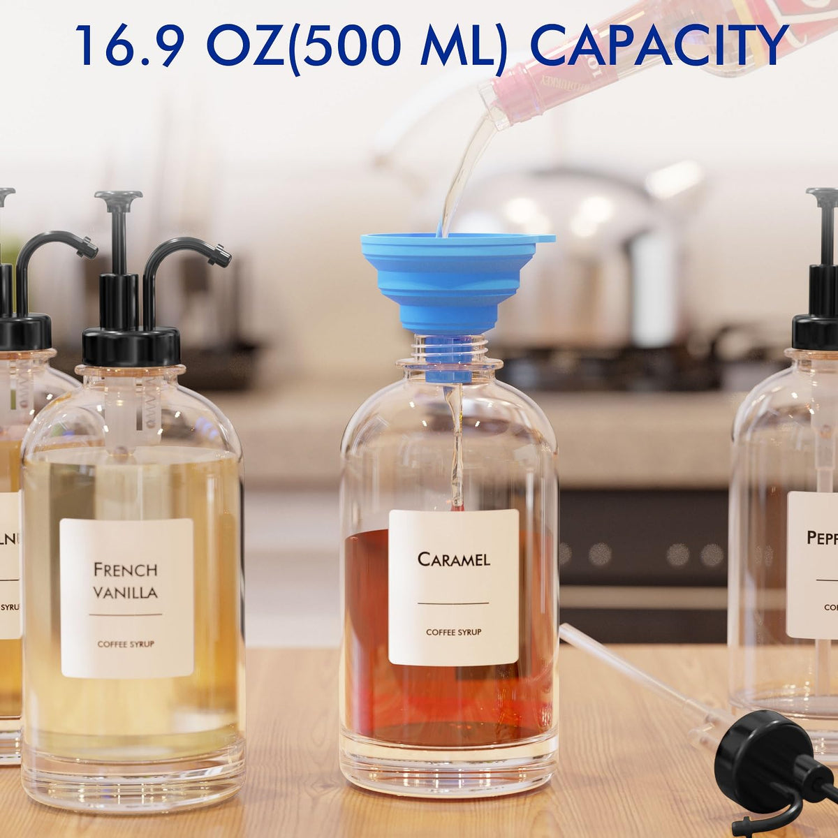 16.9 Oz (500 Ml) Coffee Syrup Dispenser Set- 4 Glass Bottles with Gold Pumper and Syrup Labels