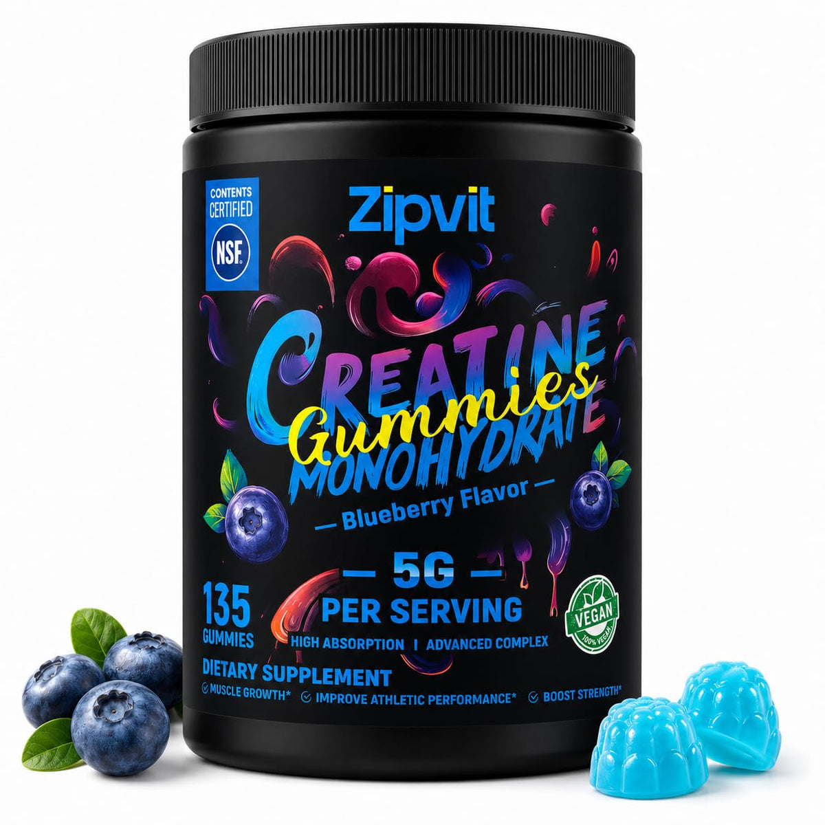 Creatine Monohydrate Gummies, Nsf Certified Creatine Gummy, 5g Dose for Men & Women to Support Muscle, Strength, Recovery, Cognitive Health & Memory, Pineapple Flavor, 135 Gummies