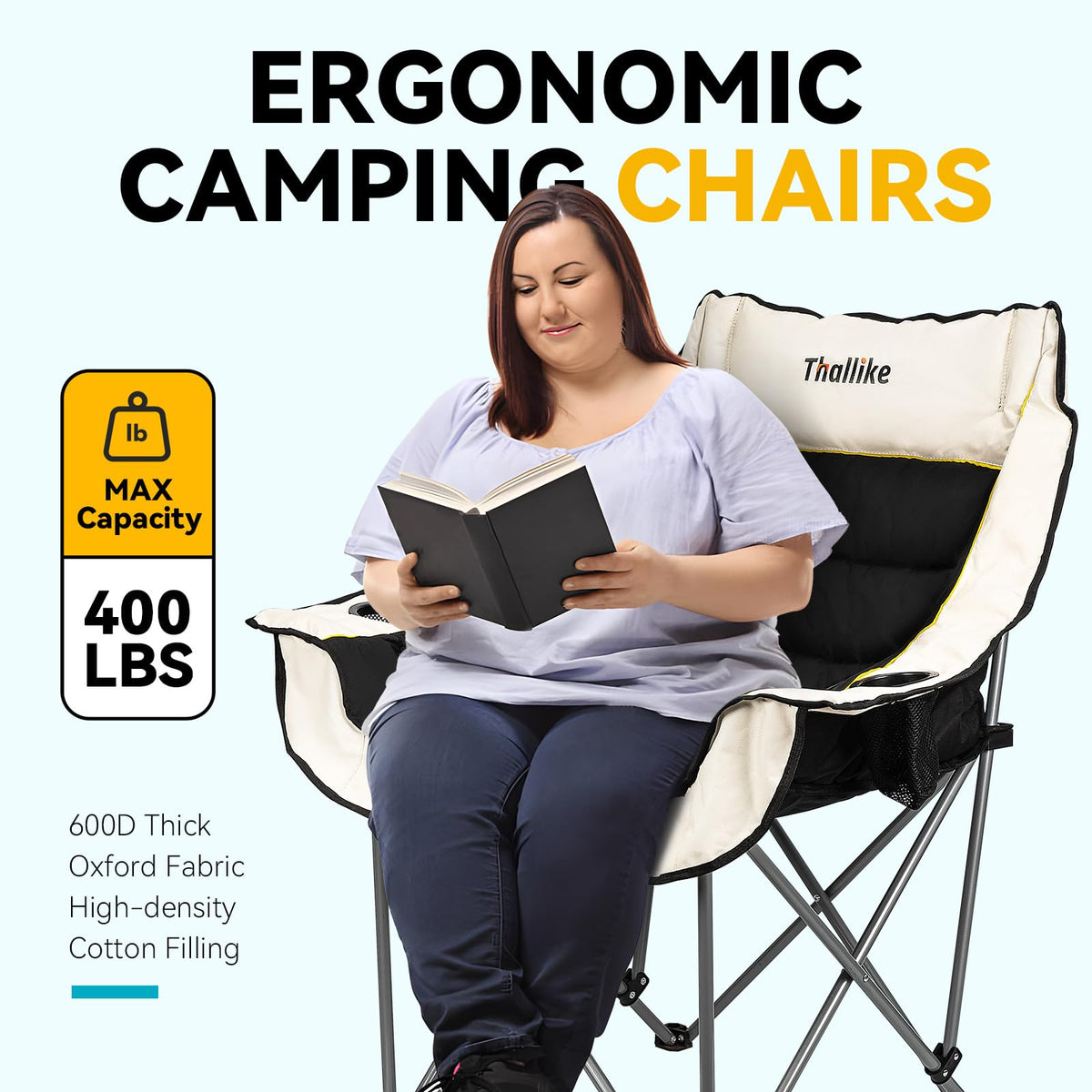 Oversized Camping Chair for Adults – Heavy Duty Folding Chair with Cup Holders, Storage Pocket & Carry Bag – Outdoor Padded Camp Chair for Camping, Backyard, Fishing & Sports – Supports 400lbs