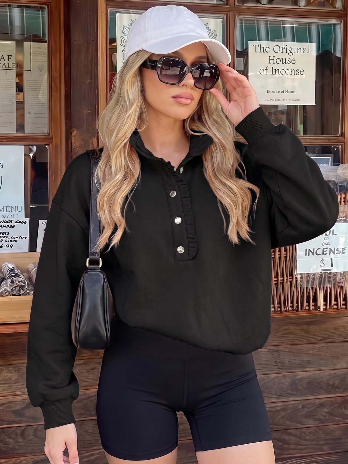 Fisoew Womens Sweatshirt Mock Neck Henley Pullover