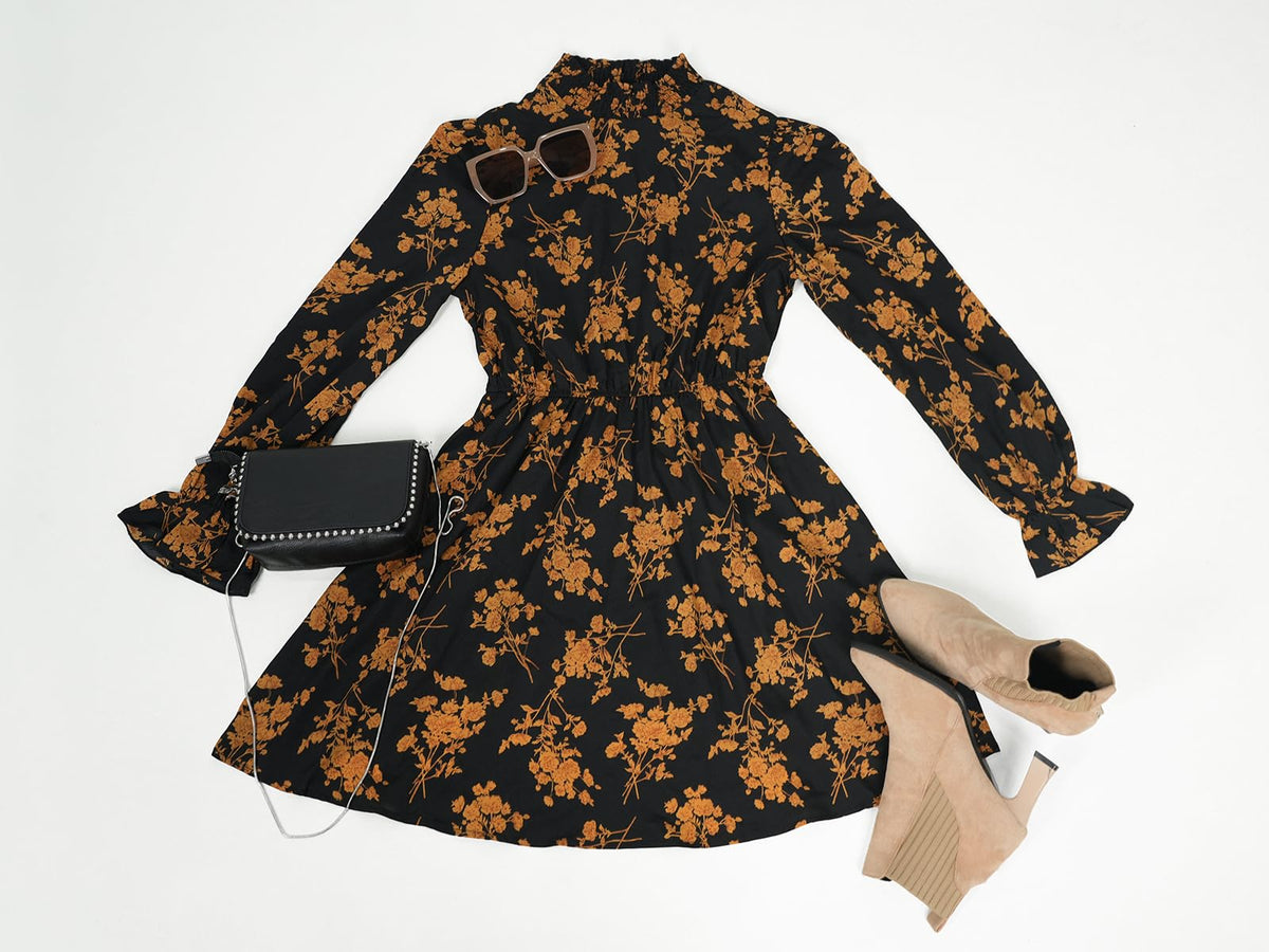 CUPSHE Women Mock Neck Floral Smocked Waist Mini Dress