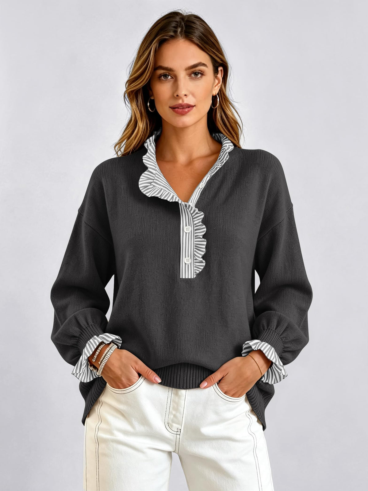 Ruffle Knit Collared Quarter Pullover