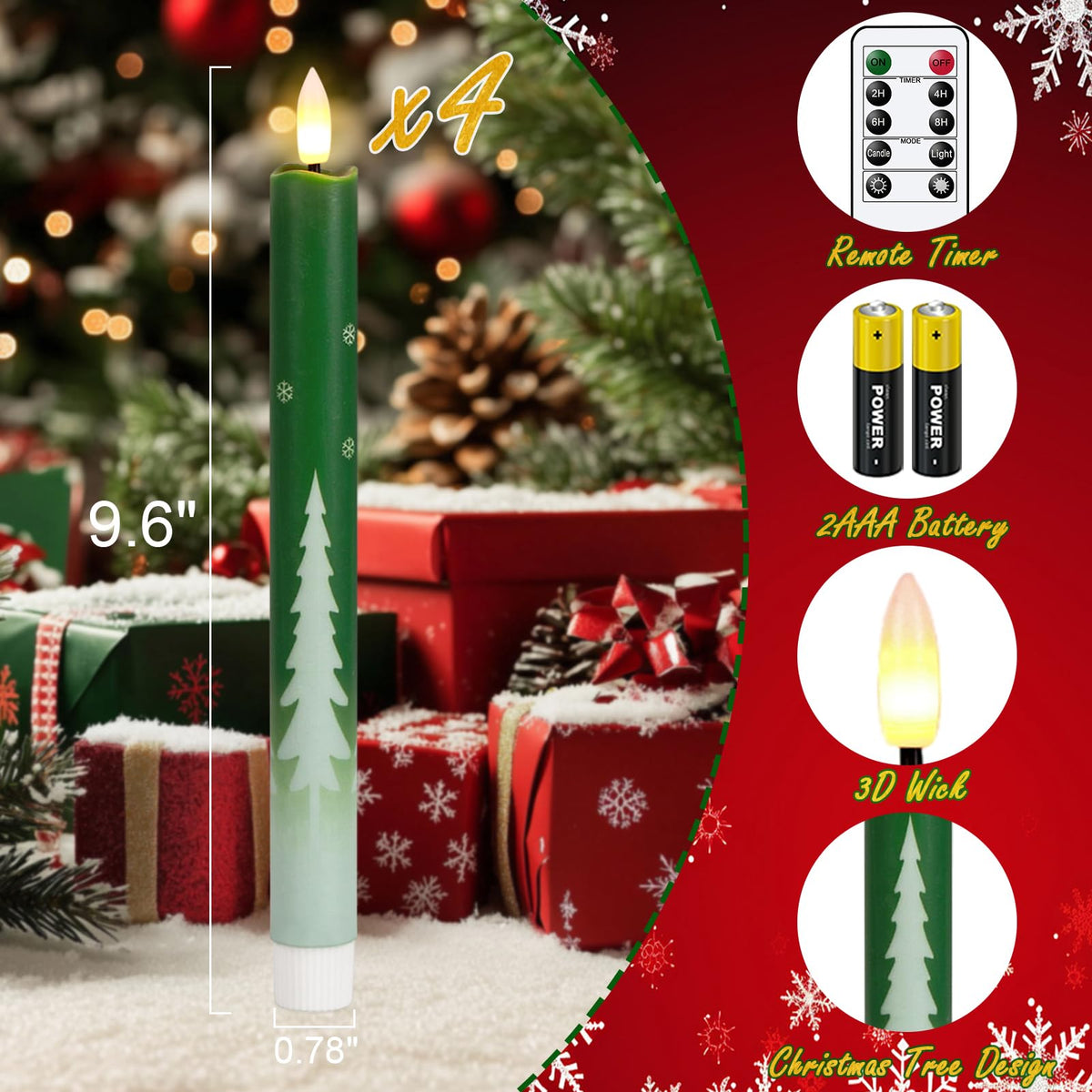 Green Christmas Tree Flameless Taper Candles Battery Operated Remote Timer