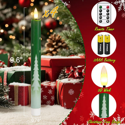 Green Christmas Tree Flameless Taper Candles Battery Operated Remote Timer