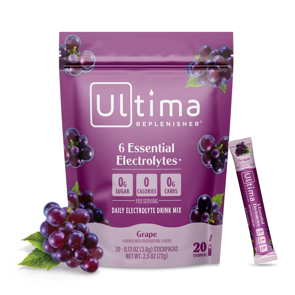 Ultima Replenisher Electrolyte Hydration Powder, Grape, 20 Count Stickpacks Pouch - Sugar Free, 0 Calories, 0 Carbs - Gluten-Free, Keto, Non-Gmo with Magnesium, Potassium