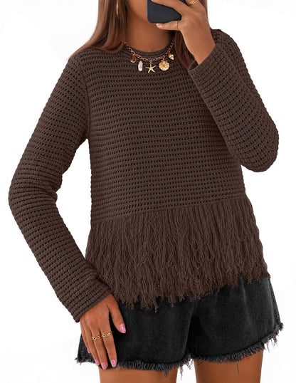 MEROKEETY Women's Fall Fashion Crochet Fringe Sweater Tops Boho Pullover