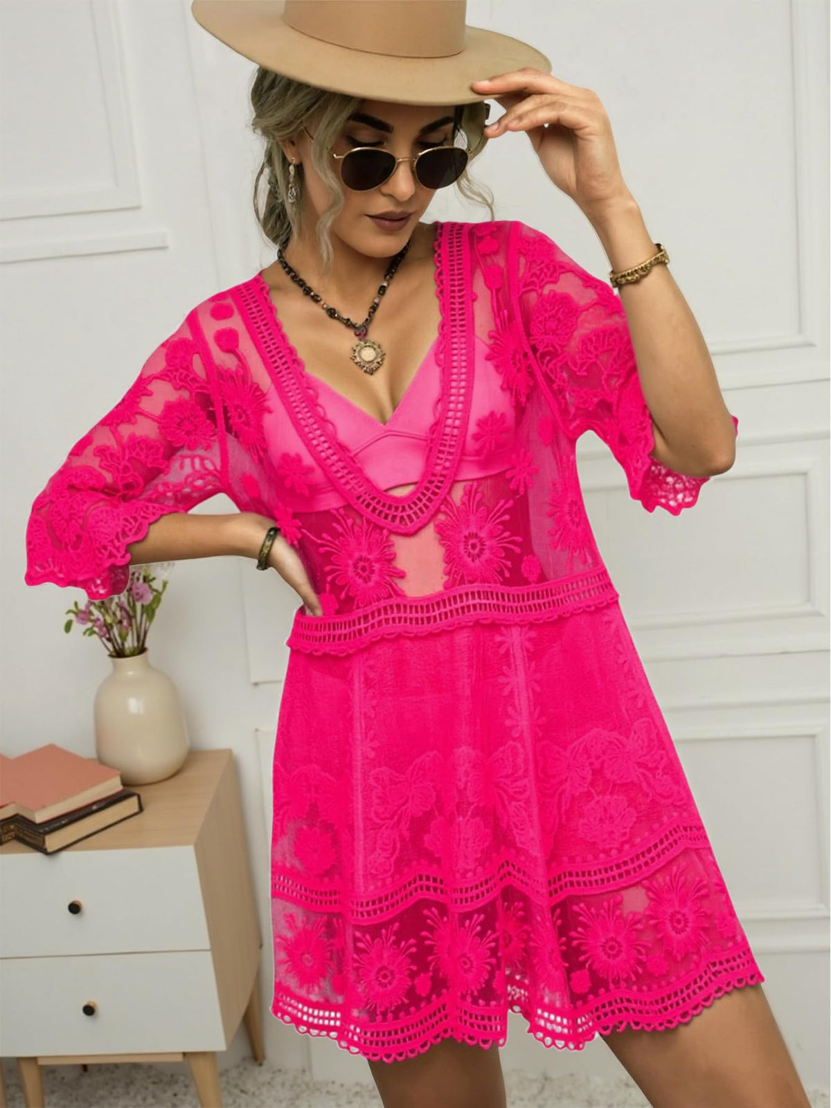 Eomenie Women's Contrast Lace Bathing Suit Cover Up V-Neck Swimsuit Coverups Loose Swimwear Beach Dress Beachwear