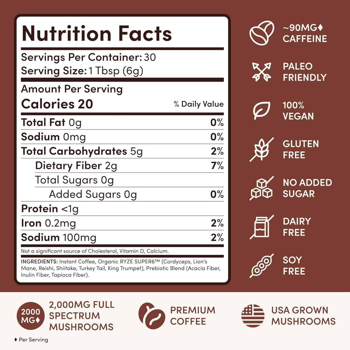 Ryze Superfoods Mushroom Medium Roast Coffee Usda Organic with 6 Adaptogenic Mushrooms
