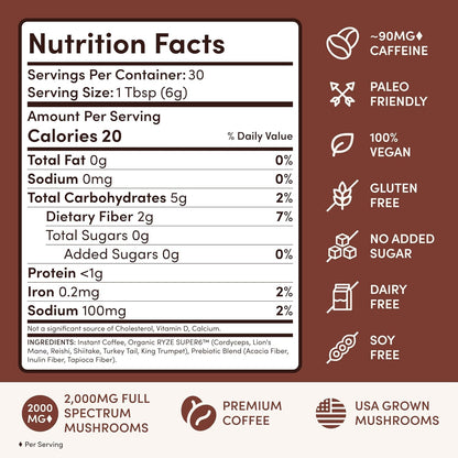 Ryze Superfoods Mushroom Medium Roast Coffee Usda Organic with 6 Adaptogenic Mushrooms
