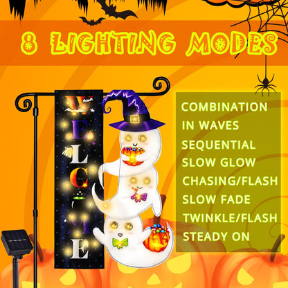 Halloween Lighted Garden Flag for Outside, LED Solar Yard Flag 8 Modes Witch Feet Shape Flag, 28x40 Double Sided Cauldron Eyeball Black Cat Decorations for Home Porch