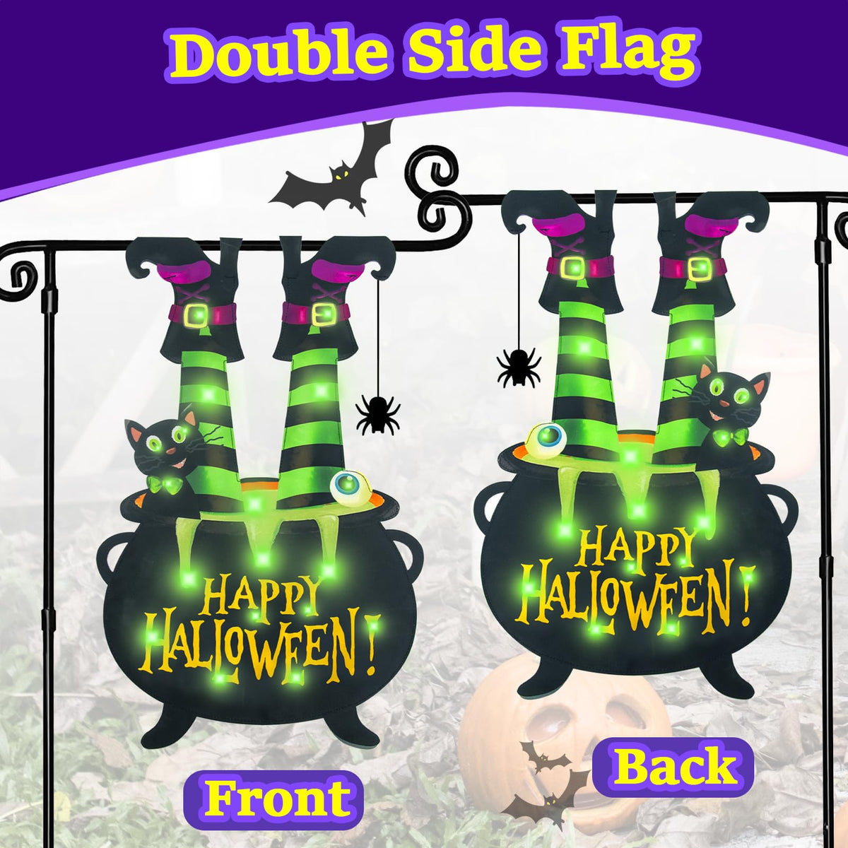 Halloween Lighted Garden Flag for Outside, LED Solar Yard Flag 8 Modes Witch Feet Shape Flag, 28x40 Double Sided Cauldron Eyeball Black Cat Decorations for Home Porch