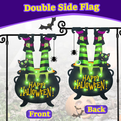 Halloween Lighted Garden Flag for Outside, LED Solar Yard Flag 8 Modes Witch Feet Shape Flag, 28x40 Double Sided Cauldron Eyeball Black Cat Decorations for Home Porch
