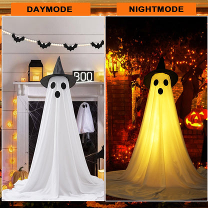Set of 4 Halloween Hanging Ghosts, Halloween Decorations Outdoor Hanging Ghosts with Witch Hat,glowing Ghost Witch Hat Lights, Light Up Ghost Decor for Yard Patio Garden Tree Outside(4 Ghost Lighted)