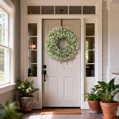 32" Large Artificial Boxwood Wreath for Front Door (White-Green) | Waterproof & Fade Resistant