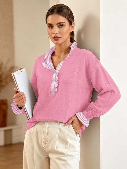 Ruffle Knit Collared Quarter Pullover