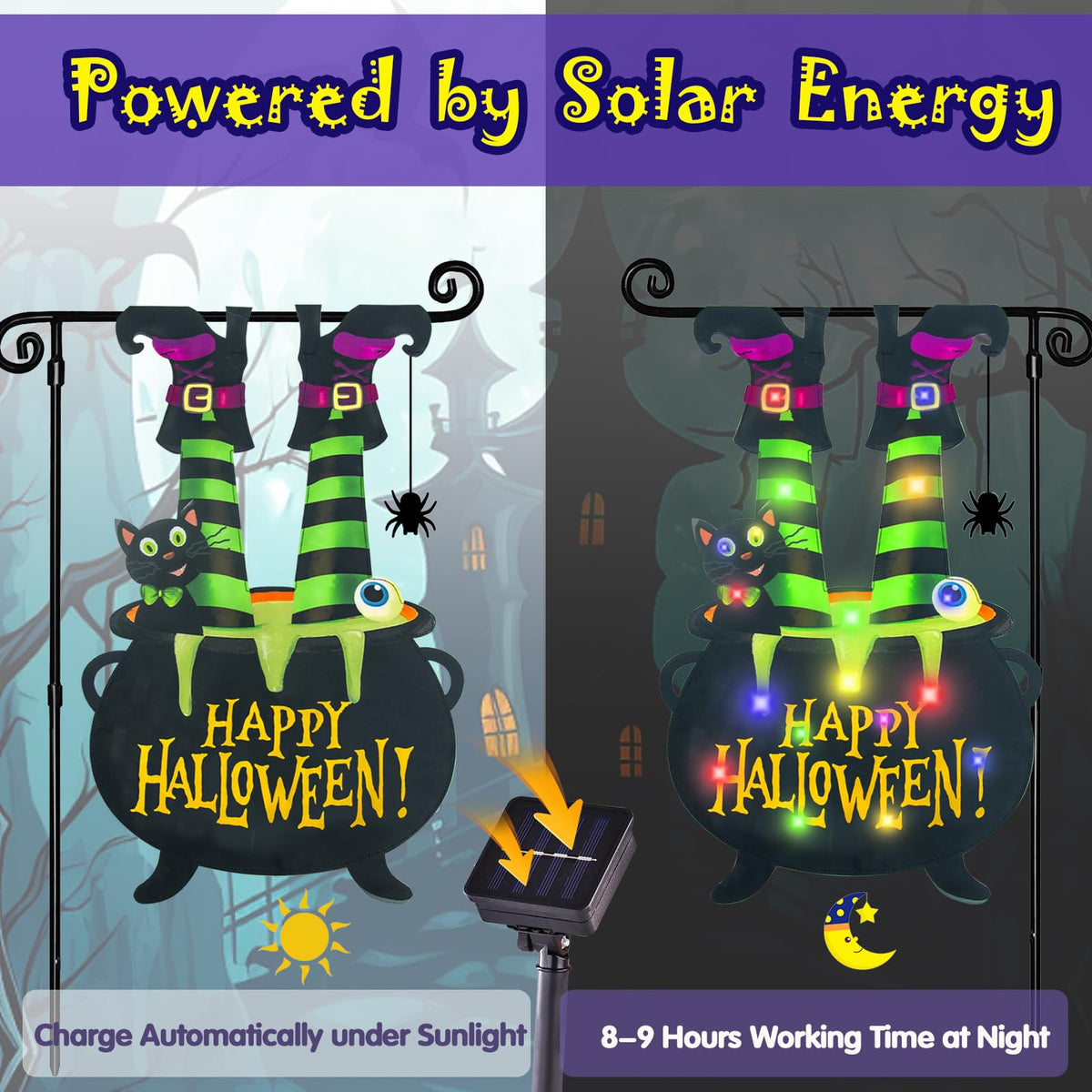 Halloween Lighted Garden Flag for Outside, LED Solar Yard Flag 8 Modes Witch Feet Shape Flag, 28x40 Double Sided Cauldron Eyeball Black Cat Decorations for Home Porch