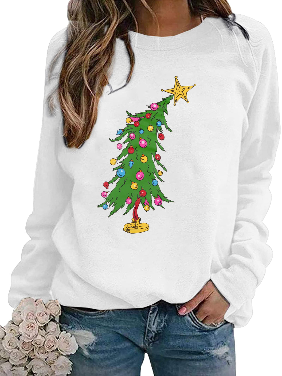 Christmas Sweatshirts for Women Cute Christmas Tree Graphic Long Sleeve Shirt Xmas Holiday Party Pullover Blouse