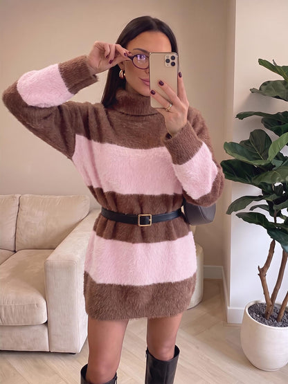 Wenrine Women Oversized Striped Sweater Dress Fall Long Sleeve Knit Dresses