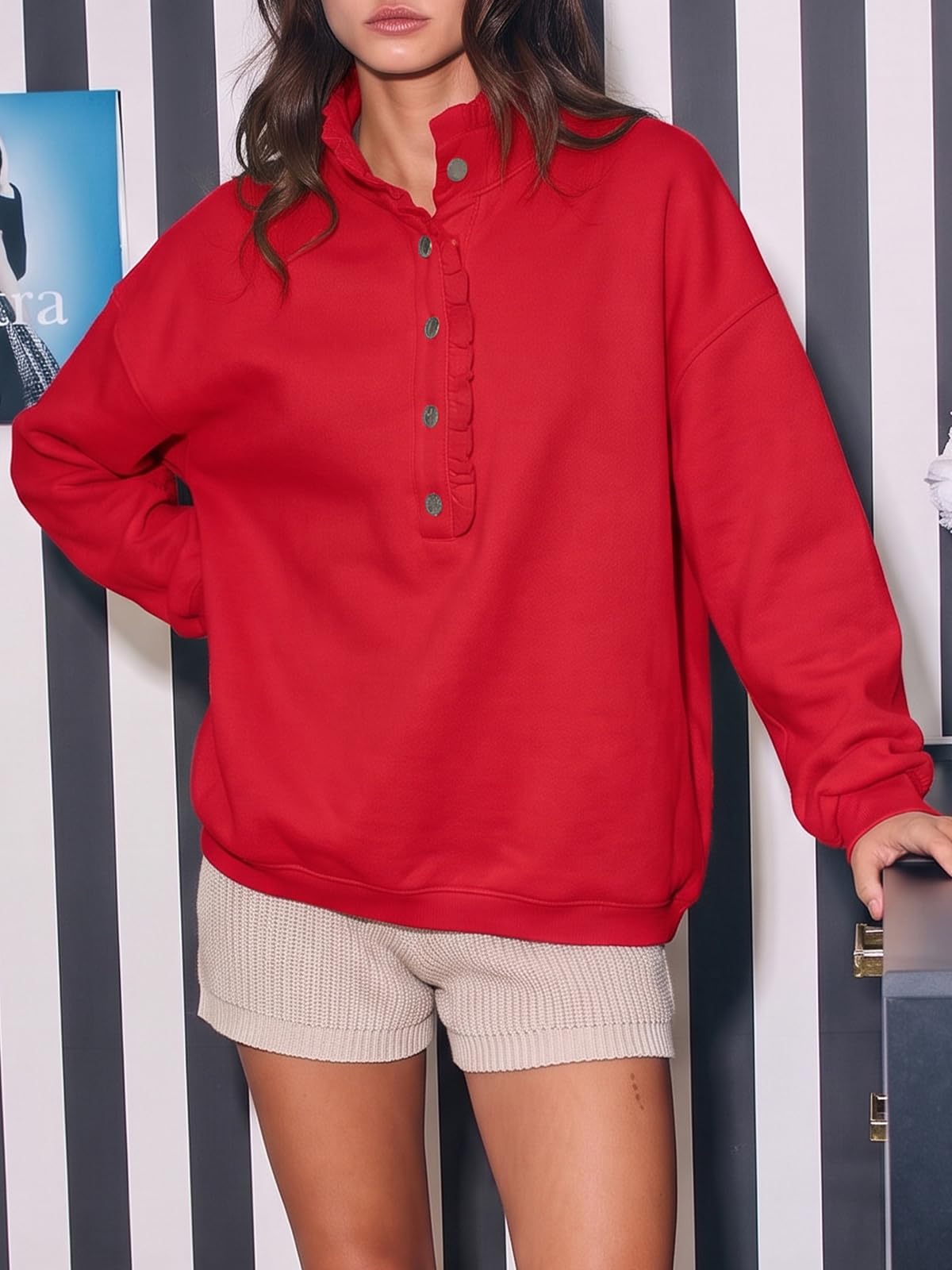 Fisoew Womens Sweatshirt Mock Neck Henley Pullover