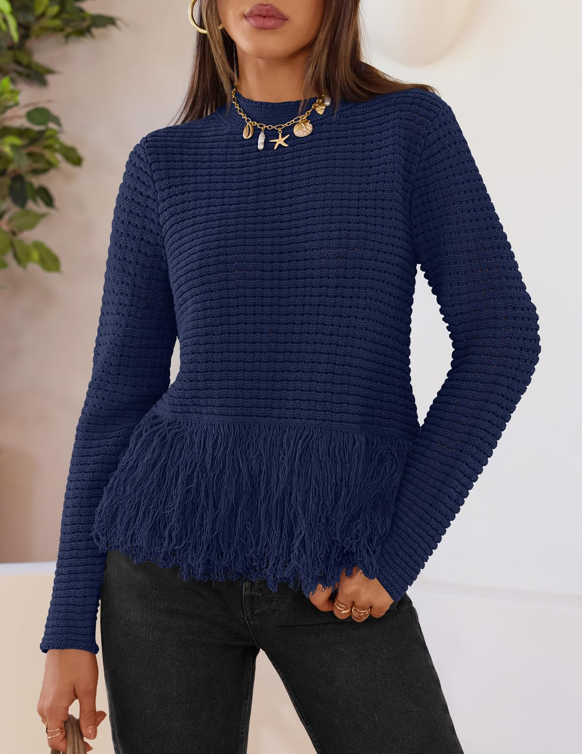 MEROKEETY Women's Fall Fashion Crochet Fringe Sweater Tops Boho Pullover