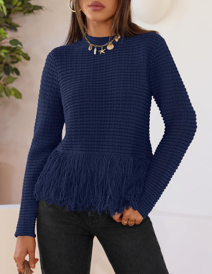 MEROKEETY Women's Fall Fashion Crochet Fringe Sweater Tops Boho Pullover