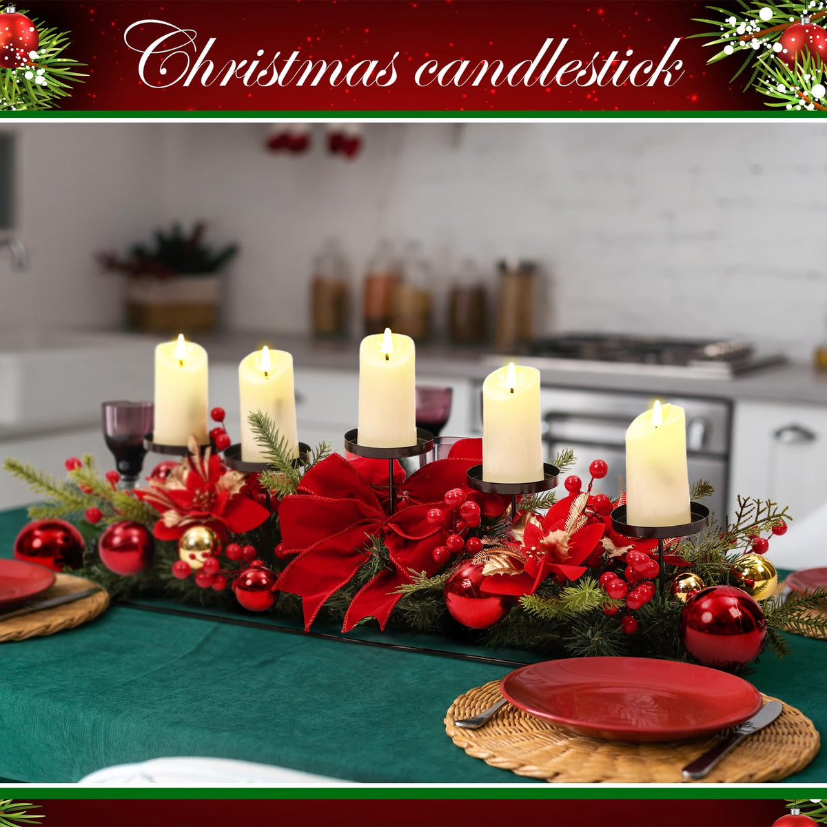 Funnymoom Christmas Tabletop Centerpiece 30 Inch Christmas Poinsettia Candle Holder with 5 Candle Artificial Table Decorations with Red Berries Gold Plants(red Ball)
