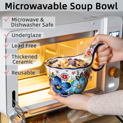 Alma Handpainted Microwavable Soup Bowl with Loop Handle 18.6Oz, Cereal Bowl with Handle